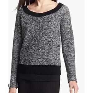 Eileen Fisher Black Heathered Linen Twist Scoop Neck Sweater M